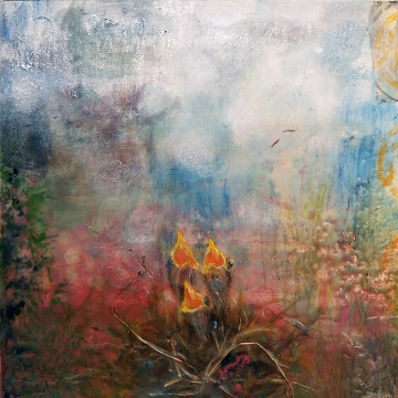 moody encaustic painting of nest